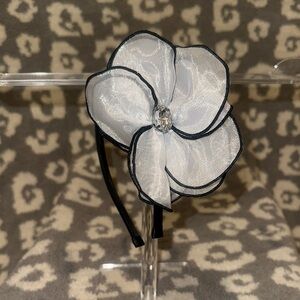 Tasha Black Band with Elegant Sheer White Flower with Clear Rhinestone Headband
